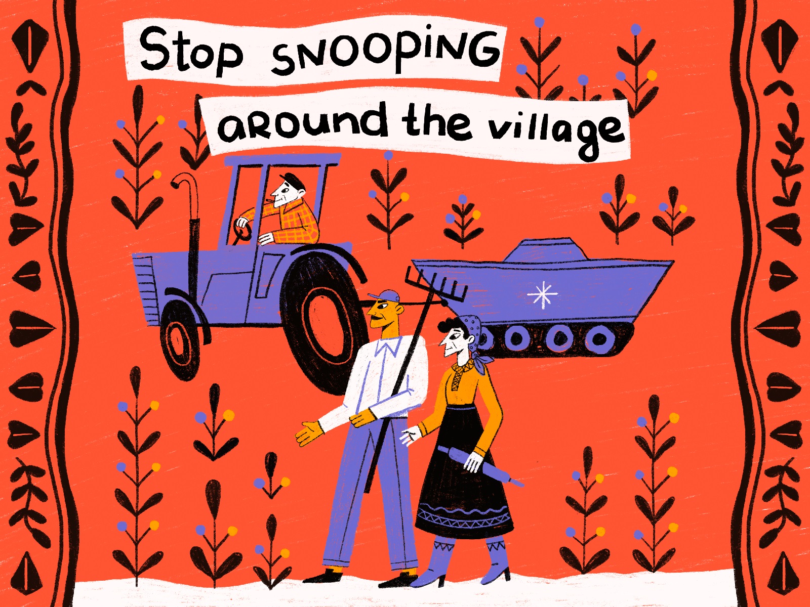 stop snooping farmers illustration tubikarts
